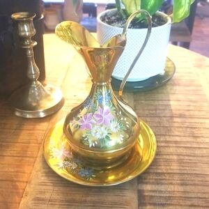 Vtg Brass Lavorato a Mano Ottone Italian Hand Painted Jug/Vase